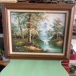 Rustic Landscape Painting with Brown Frame